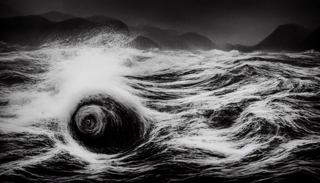 Prompt: void, whirlpool in the middle of the lake, waves, dark, atmospheric, scary, claustrophobic, ambient vibe, very detailed, black and white, 4 k