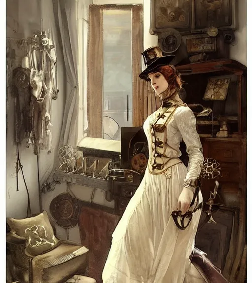 Prompt: woman model, steampunk clothes, neutral colors, in a bedroom!!!!!!!!!!!!!!!!!!!!, elegant, highly detailed, digital painting, artstation, concept art, smooth, sharp focus, illustration, art by krenz cushart and artem demura and alphonse mucha
