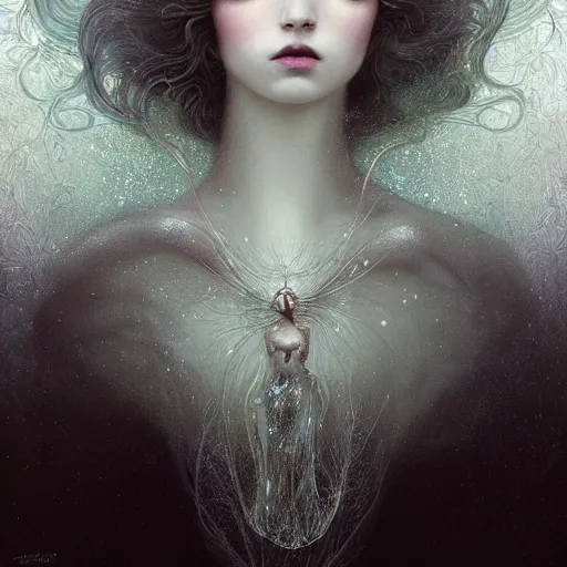 Image similar to Beautiful Delicate Detailed portrait of snow woman, With Magical grey eyes by Tom Bagshaw, Bastien Lecouffe Deharme, Erik Johansson, Amanda Sage, Alex Grey, Alphonse Mucha, Harry Clarke, Josephine Wall and Pino Daeni, Delicate winter frozen creature With long white windy Hair and Magical Sparkling Eyes, Magic Particles; Magic Swirls, in a oit of this world magical frozen landscape, 4K; 64 megapixels; 8K resolution concept art; detailed painting; digital illustration; hyperrealism; trending on Artstation; Unreal Engine Photorealistic, lifelike, Unreal Engine, sharp, sharpness, detailed, 8K