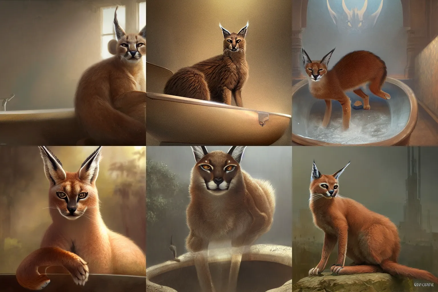 Prompt: cute caracal sitting in bathtube, sharp focus, octane render, volumetric lighting, 8k high definition, by greg rutkowski, highly detailed, trending on art Station, magic the gathering artwork