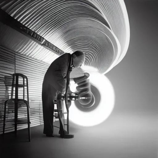 Image similar to portrait of Marcel Duchamp working on a futuristic machine, long exposure, minimal packshot, archival pigment print