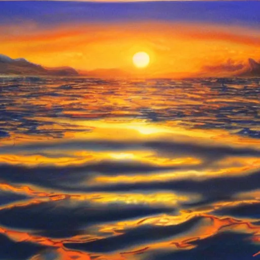 Image similar to oil painting, photorealistic, symmetrical, sunset, reflection on water, ufo floating above water, dolphins in water, horror, ominous