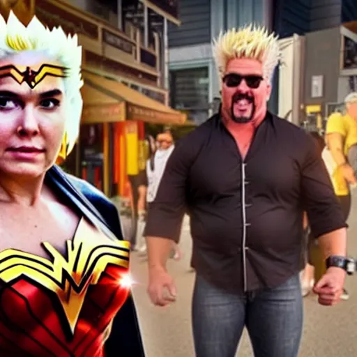 Prompt: Cinematic movie still of Flavortown Market, Wonder Woman cosplaying as Guy Fieri in Flavortown Market but it\'s actually Guy Fieri that\'s cosplaying as Gal Godot