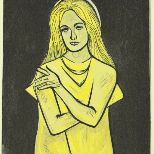 Image similar to monochrome yellow astrological portrait of a melancholic lady 3 6 years old, with name