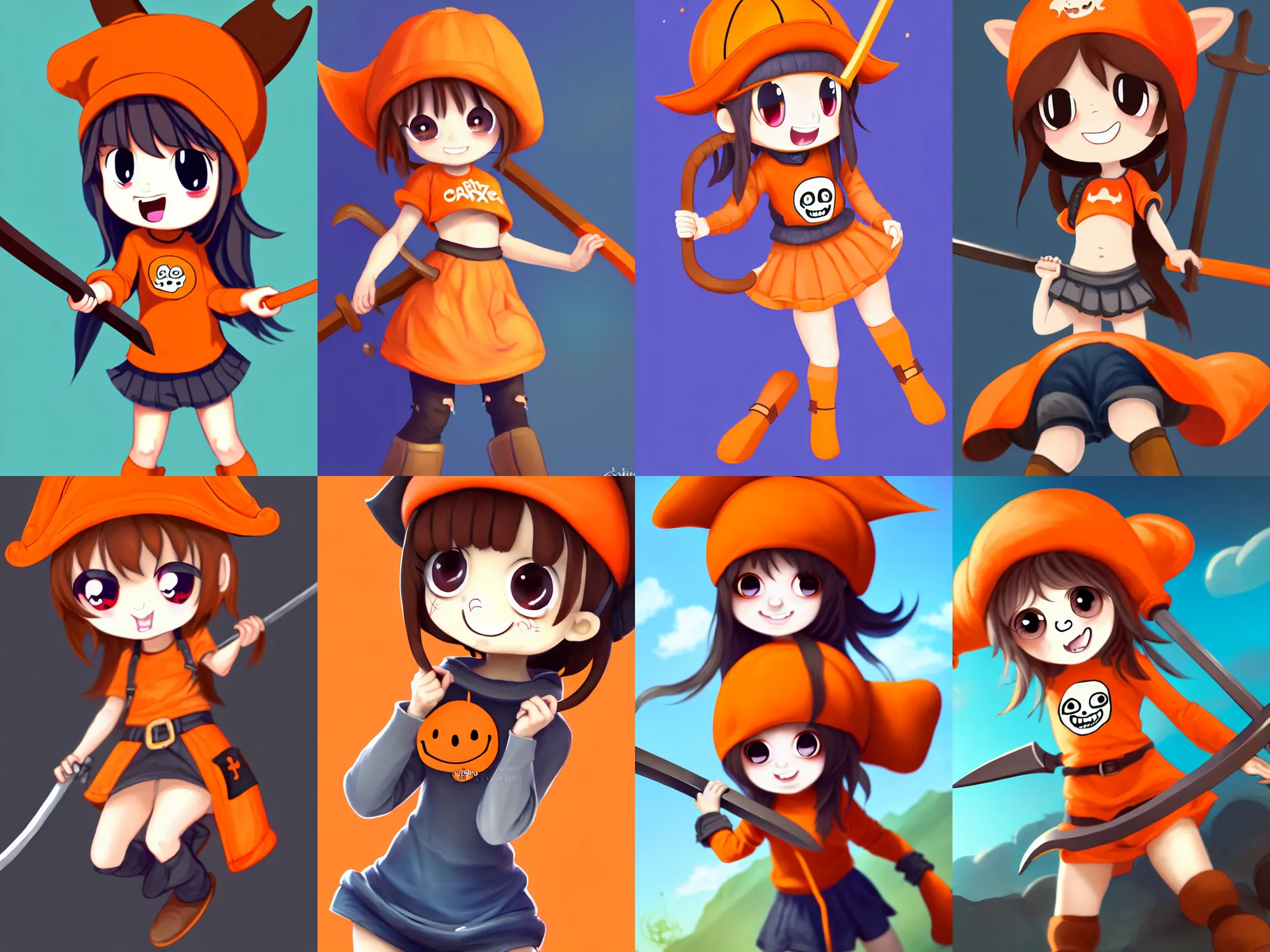 Prompt: Small curvy loli, cute face big eyes and smiley, small pointy ears, wearing orange cabbie hat pirate logo, and long orange sweatshirt, short brown hair ,side hair, swinging a big sword, on a small cartoony pony in a fighting stance, digital painting, artstation, concept art, soft light, hdri, smooth, sharp focus, illustration, art by tian zi and craig mullins and WLOP and alphonse mucha, visual novel sprite