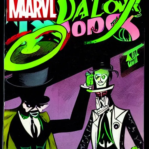 Image similar to tall, skinny, four - armed evil alien voodoo doctor wearing a black neon green tuxedo and top hat, marvel comic book double page