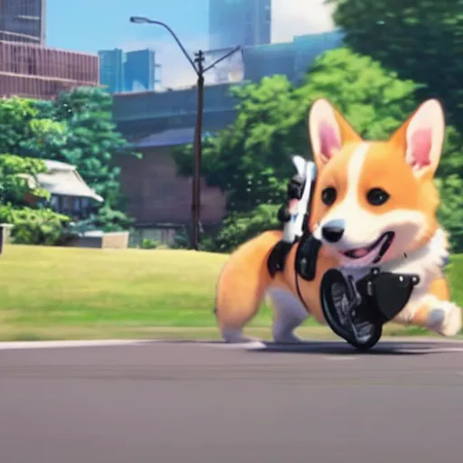 Image similar to A corgi on a motorcycle in an anime film by Makoto Shinkai