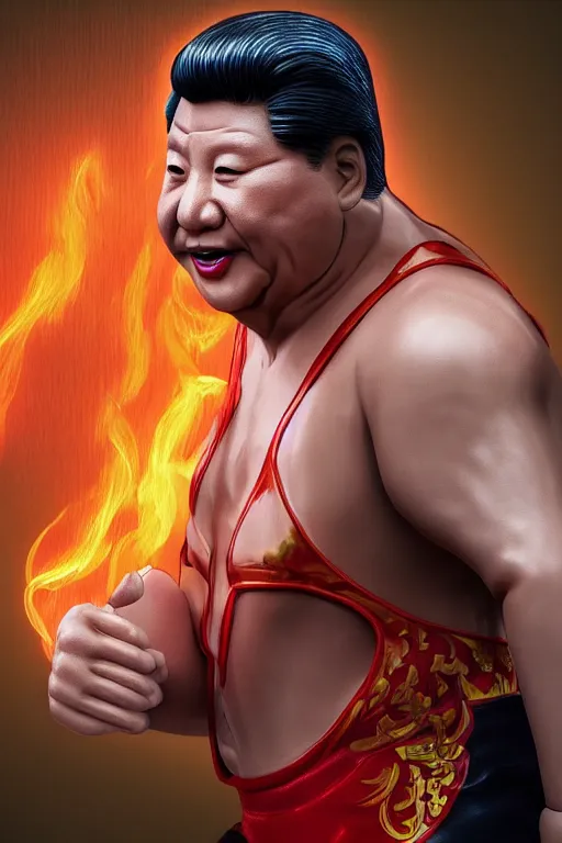 Image similar to detailed illustration, xi jinping as a 1 9 8 0 s wrestling action figure, 习 近 平, ultra realistic, dramatic lighting, thick black swirling smoke tornado, artstation