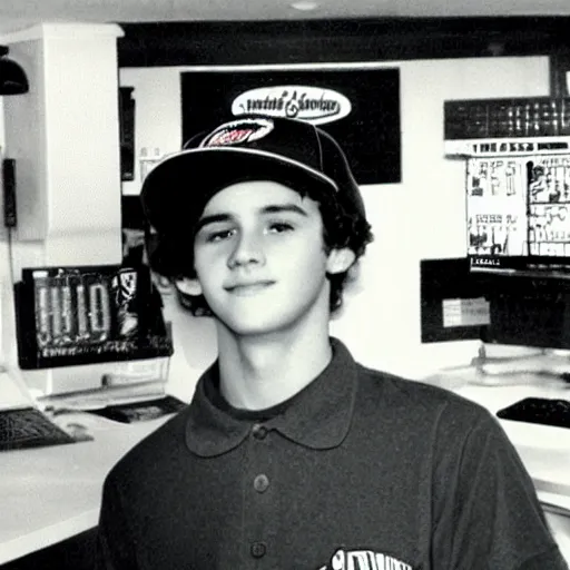 Prompt: 21 year old Jimmy John’s manager with a round head, pale skin and brown curly hair is wearing a black baseball cap and tapping a computer screen on the wall