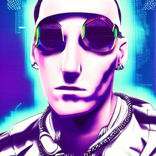 Image similar to Cyberpunk eminem, 90s aesthetic, digital art, vaporwave, trending on artstation