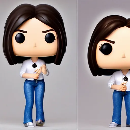 Image similar to funko pop figurine of beautiful smiling girl holding a microphone, very straight brown hair and pale skin wearing blank white thirt and jeans