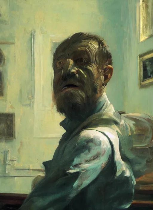 Image similar to he dreams of all the battles won, but fate had left its scars upon his face, depth of field, hauntingly surreal, highly detailed oil painting, by francis bacon, edward hopper, adrian ghenie, glenn brown, soft light, 8 k hd, cinematic composition, cinematic lighting