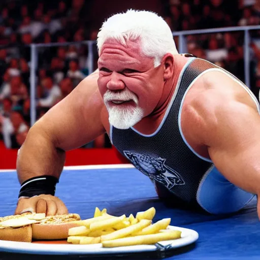 Image similar to wrestling superstar Scott Steiner enjoying cheeseburgers in a hockey arena