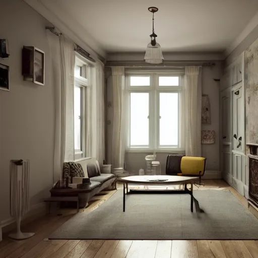Image similar to 3D render of vintage interior house , 70's, octane render, unreal engine,