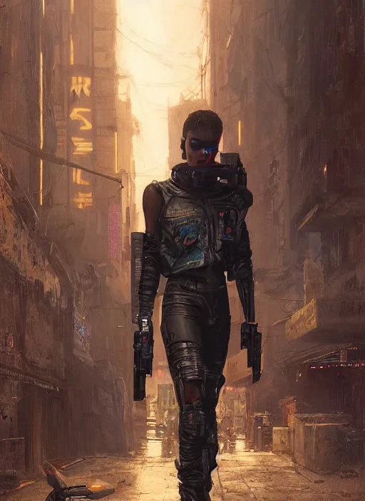 Image similar to 👩🏾🏭. cyberpunk mercenary in a military vest ( blade runner 2 0 4 9, cyberpunk 2 0 7 7 ). orientalist portrait by john william waterhouse and james gurney and theodore ralli and nasreddine dinet, oil on canvas. cinematic, hyper realism, realistic proportions, dramatic lighting, high detail 4 k