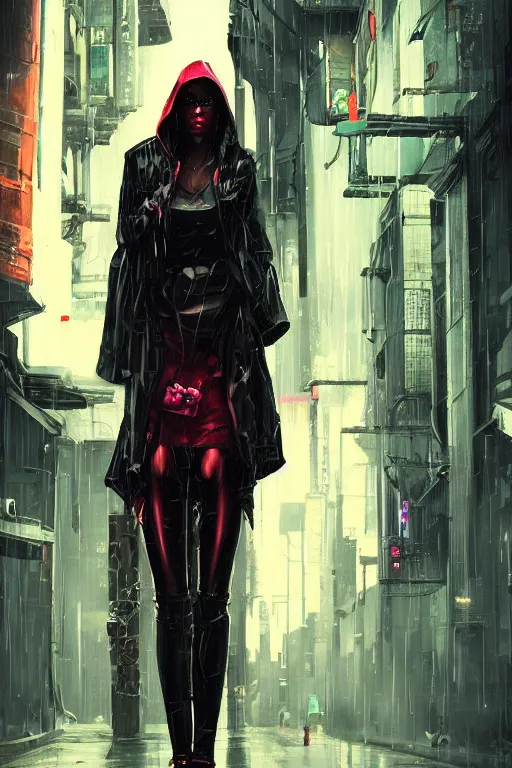 Prompt: a woman in a raincoat standing in a dark alley, cyberpunk art by vincent lefevre, featured on cgsociety, afrofuturism, darksynth, 2 d game art, behance hd