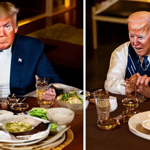 Image similar to Trump and Biden having dinner at a fancy Balinese restaurant, award winning photography, sigma 85mm Lens F/1.4, blurred background, perfect faces