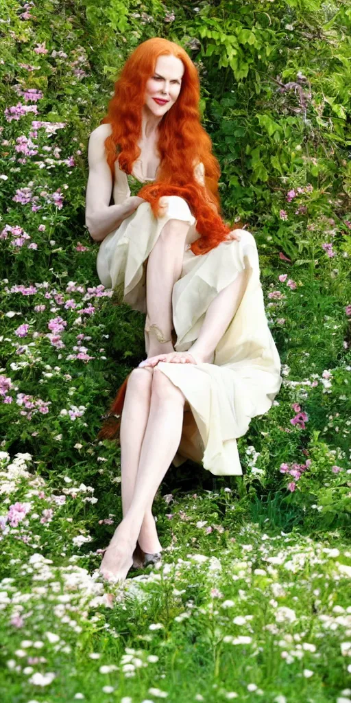 Image similar to beautiful redhead woman, nicole kidman, long hair, beautiful dress, 1930, out of focus, sitting in green garden