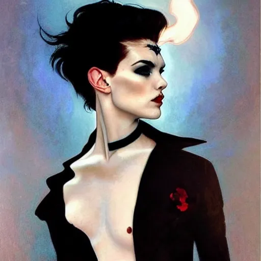 Image similar to beautiful portrait of androgynous ruby rose as desire from sandman in a white tuxedo!!!, rockabilly style,, by alphonse mucha, by jeremy mann, by peter lindbergh, dave mckean, by frank moth, white suit and black tie, soft lightning, high detailed, 8 k