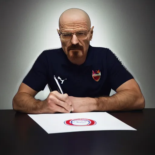 Image similar to Walter White signing for Arsenal, official, high detail, 4k, serious, studio lighting, epic, professional, sharp focus