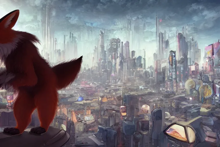 Image similar to an anthropomorphic fox with a fluffy tail staring over a futuristic city from the top of a roof, comic art, trending on furaffinity, cyberpunk, backlighting, cartoon