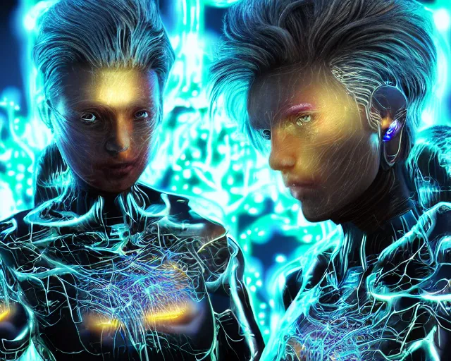 Image similar to glowing hair, complex cybernetic beings, beautiful hairy humanoids, cybermagnetosphere, cybernetic civilizations, ornate hair, love, joy, vortexes, large arrays, data holograms, 8 k, cinematic light shadows, wet hdr refractions, *, * * *, * * * * *