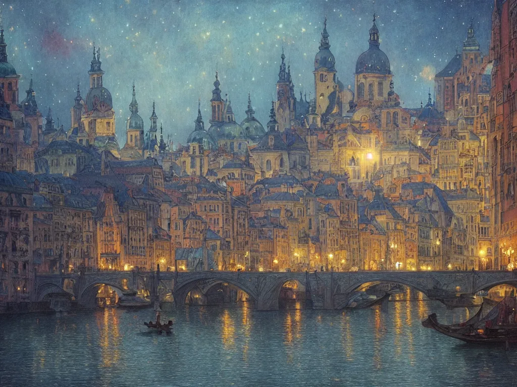 Image similar to a view from the river a city resembling prague, paris, and venice at night with a sky full of nebulas, intricate, elegant, highly detailed, digital painting, artstation, concept art, smooth, sharp focus, colored illustration for tattoo, art by l birge harrison and krenz cushart and artem demura and alphonse mucha,