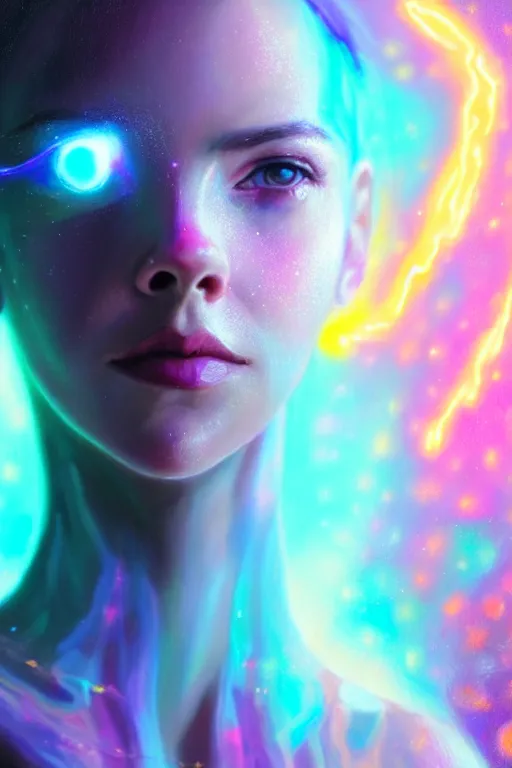 Prompt: a photorealistic painting of an attractive young girl, clothed in ethereal forcefields, surrounded by colorful transparent plasma, emitting psychic powers, beautiful bone structure, perfectly symmetrical face, perfect eyes, intricate, elegant, ultra-detailed, digital painting, concept art, illustration, sharp focus, minimal artifacts, volumetric lighting, from Valerian and the City of a Thousand Planets, in the style of Artgerm and Loish, fantasy scene, fantasy aesthetic, trending on Artstation and Tumblr, award winning