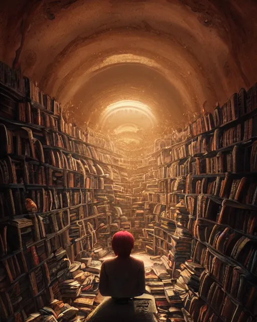 Image similar to highly detailed surreal vfx portrait of a creepy monster in a catacomb of books, stephen bliss, unreal engine, greg rutkowski, loish, rhads, beeple, makoto shinkai and lois van baarle, ilya kuvshinov, rossdraws, tom bagshaw, alphonse mucha, global illumination, detailed and intricate environment