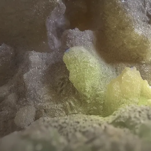 Image similar to foggy moody deep underground cave, microbiology bioluminescent, phosphorescent iridescent tunnel, uncanny uncomfortable uneasy, multicolor spectrum salt, cracks and moisture, rough basalt gypsom calcite, dim moody broken soft lighting, ultra detailed photorealism, DSLR, real footage, bloom, glow, real life