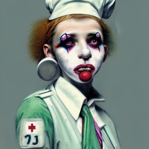 Image similar to clowncore pastel punk young hospital nurse wearing stylish uniform. detailed, portrait, 8 k, artwork by jean - baptiste monge