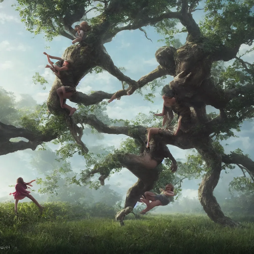 Image similar to a very large gentle giant catches a small girl who is falling out of a tree, concept art, trending on artstation, octane rendering, cinematic, hyperrealism, 8k, 4k, Raytracing, Unreal Engine, Maya