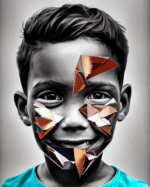 Prompt: digital art of smiling boy, shards of time, face portrait, centered portrait, illustration, highly detailed, simple, no jagged lines, smooth, artstation, artwork by obey, artwork by sandra chevrier