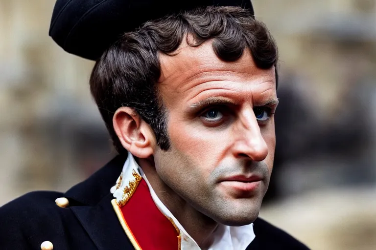 Prompt: closeup portrait of emmanuel macron dressed as napoleon with a cannon in the street, natural light, sharp, detailed face, magazine, press, photo, steve mccurry, david lazar, canon, nikon, focus