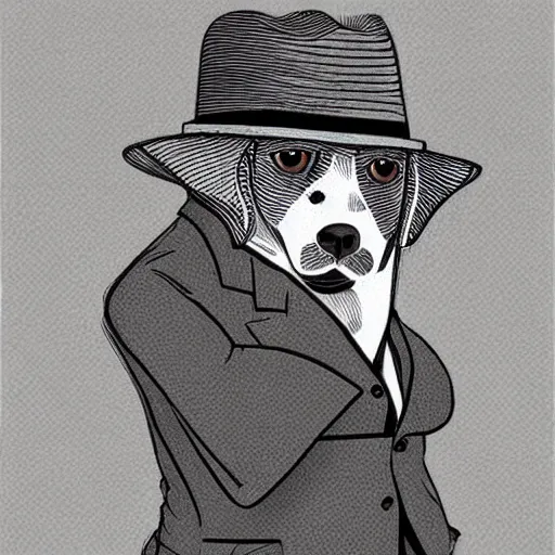 Image similar to a beagle wearing a business suit and fedora, by moebius