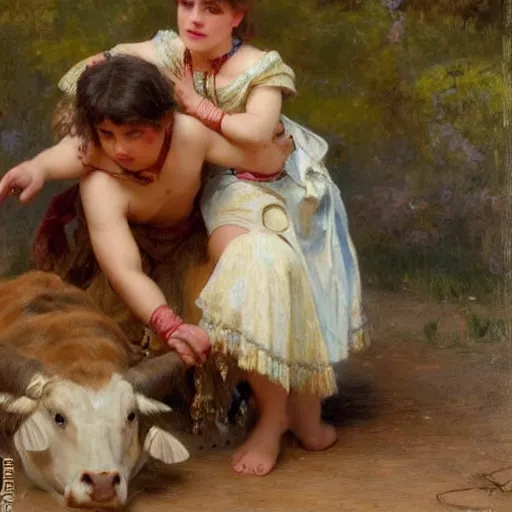 Image similar to a young girl giving the last blow to a dying bull, the girl is covered in the bull's blood, highly detailed painting by gaston bussiere and j. c. leyendecker 8 k