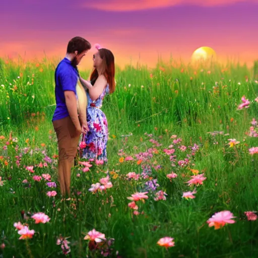 Image similar to a young couple holding hands in a field of flowers at sunset, realistic, intricate, 4k