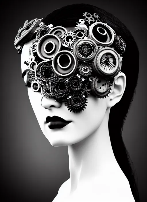 Prompt: black and white gothic masterpiece profile portrait, one steampunk eye silver hexagonal meshes floral biomechanical beautiful young female cyborg - vampire, big monocular, volumetric light, hibiscus flowers, by hg giger, rim light, big gothic fashion pearl embroidered collar, 8 k