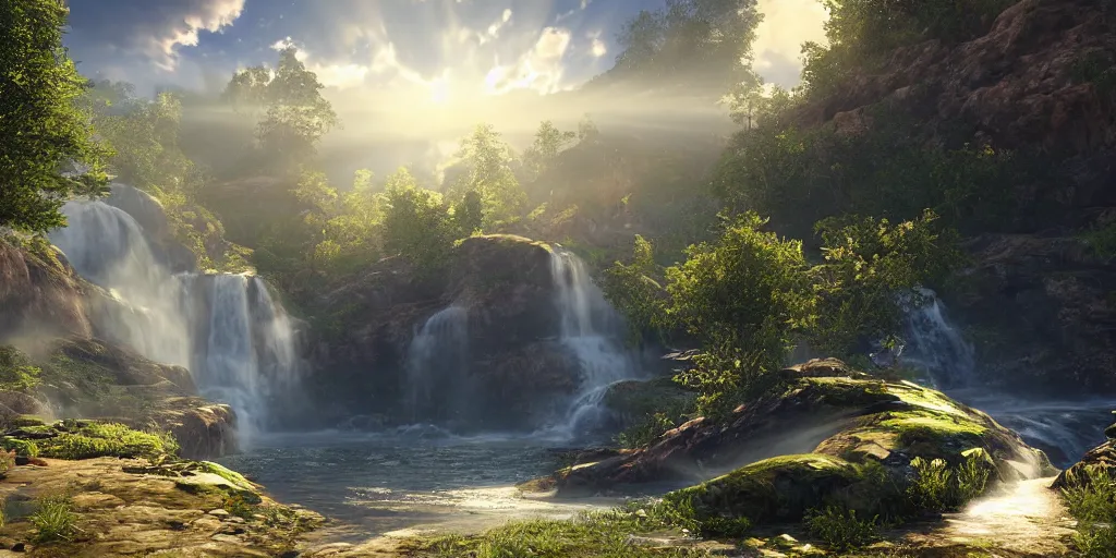 Prompt: stunning landscape, waterfall, god rays, 8 k uhd, unreal engine, octane render in the artstyle of kuindzhi