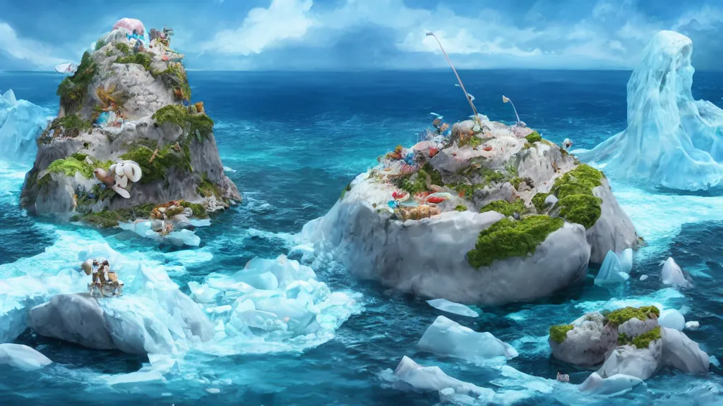 Image similar to fish island, surrounded by an ocean made of ice cream, digital art, realistic, highly detailed, matte painting, concept art, 8 k, 4 k, trending artstation