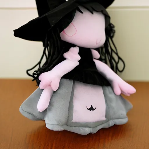 Prompt: rather sad and gloomy witch girl cute fumo plush