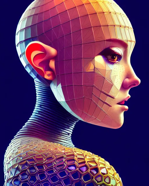 Image similar to ultra detailed, beautiful female android with human hair, side portrait, sharp focus, highly detailed vfx portrait, geometric shapes, global illumination, by moebius!! and james jean and victo ngai and tristan eaton. detailed, vector art, digital illustration, concept art. 8 k, hdr, fractal