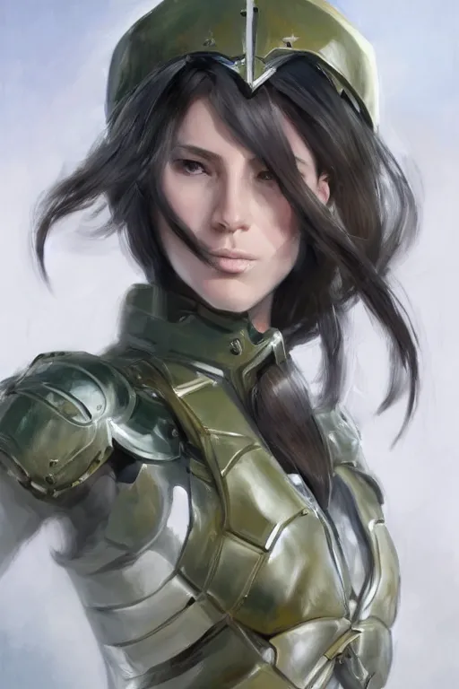 Image similar to a professionally painted portrait of an attractive young woman, clothed in military armor, olive skin, long dark hair, beautiful bone structure, symmetrical facial features, intricate, elegant, digital painting, trending on Artstation, concept art, smooth, sharp focus, illustration, from Metal Gear by Ruan Jia and Mandy Jurgens and Artgerm and William-Adolphe Bouguerea, award winning