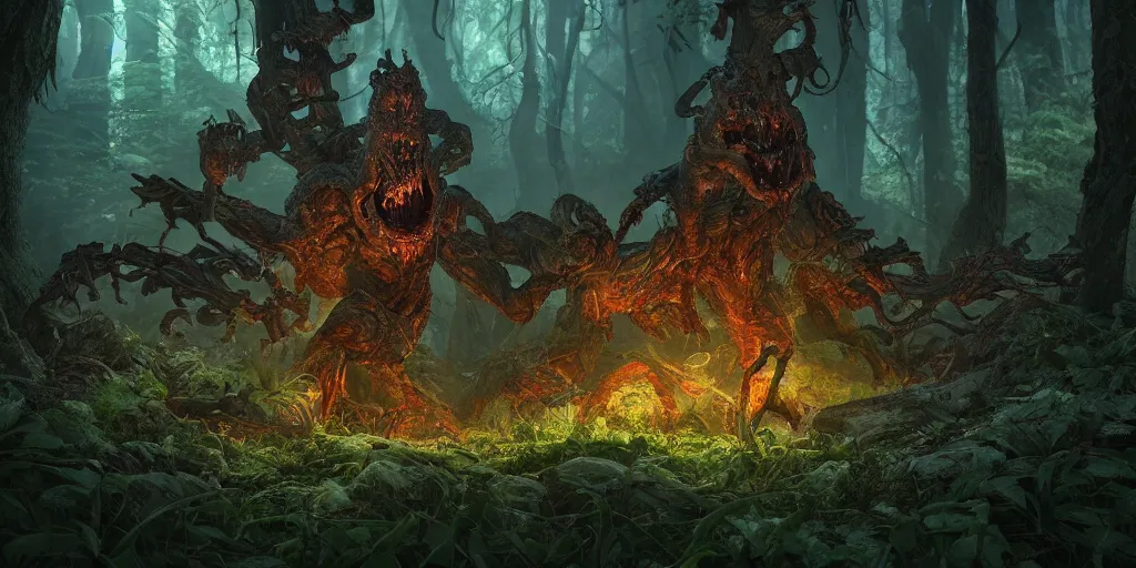 Prompt: doom cacodemon in a dark forest hidden by some trees, realistic 4 k octane beautifully detailed render, 4 k post - processing, highly detailed, intricate complexity, epic composition, magical atmosphere, cinematic lighting, masterpiece, ultra hd