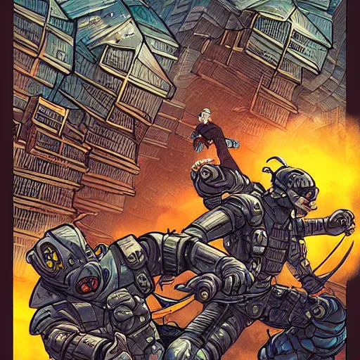 Image similar to combat ninja cyborgs combat in cybercity, golden hour, art by petros afshar and carl barks and hieronymus bosch and santiago caruso, highly detailed