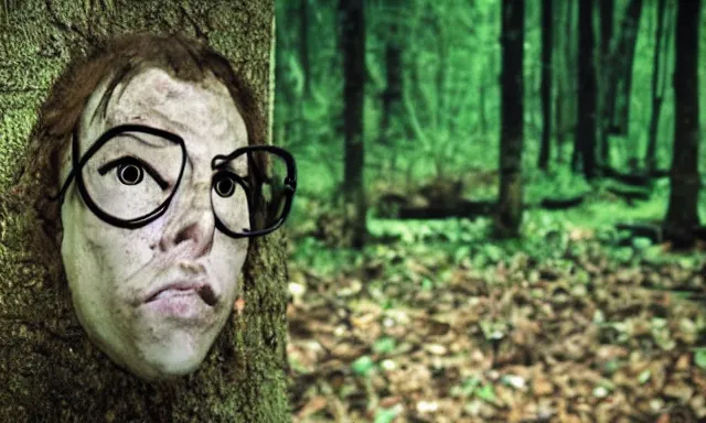 Image similar to corpse face looking at camera in forest at night, 70s photo, out of focus, motion blur, cctv footage, horror movie, horror lighting, blair witch project, old photo