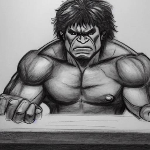 Image similar to hulk at the witness stand in court. pencil court sketch. intricate. highly professionally detailed.