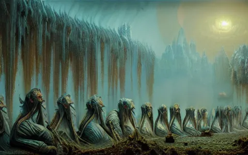 Prompt: hyper-detailed photo of a sacred undead ceremony, 8k, ultra detail, hyperrealism, science-fantasy, concept art, cinematic accent lighting, artstation, Zdzislaw Beksinski, Alexander Fedosov, Dan Mumford, muted color palette, soft light, divine proportion, digital oil painting rendered in vray, hyper-detailed