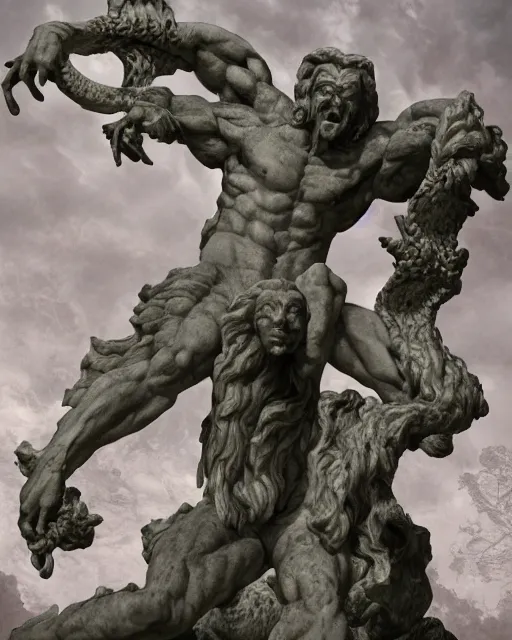 Image similar to an old marble statue of a hydra from herculean myths, hyper realistic, 4 k, grainy marble, hyper detailed