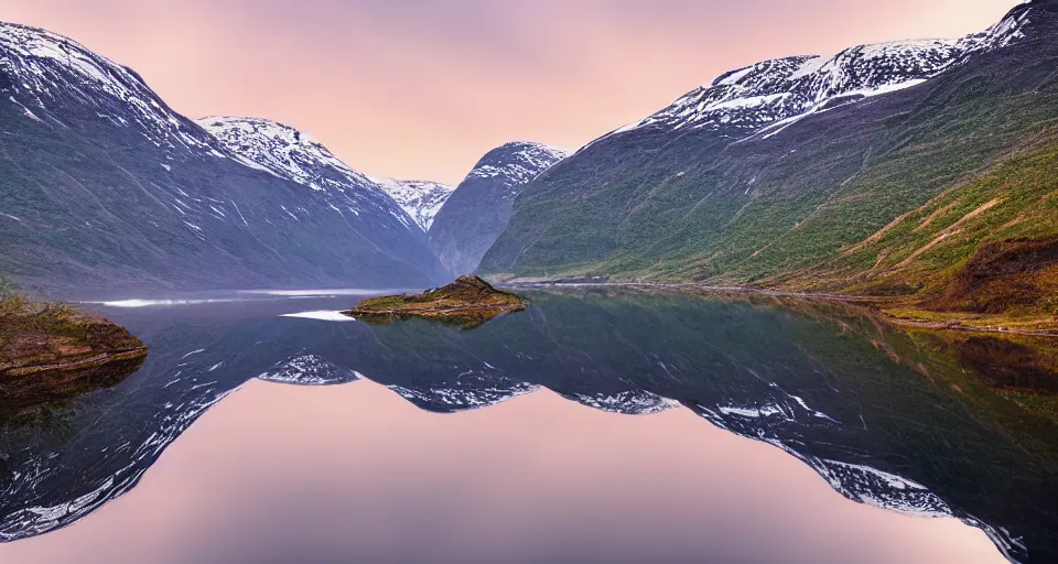 Image similar to a Norwegian fjord surrounded by mountains at night with the northern lights overhead, trees, completely still mirror water reflecting the sky